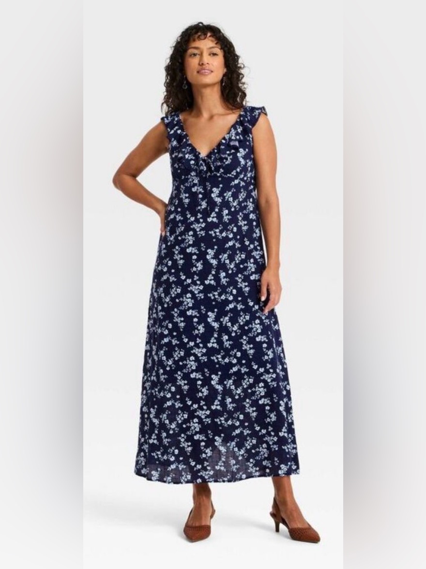 Universal Thread Sleeveless Floral Ruffle V-Neck Maxi Dress - Size: Medium